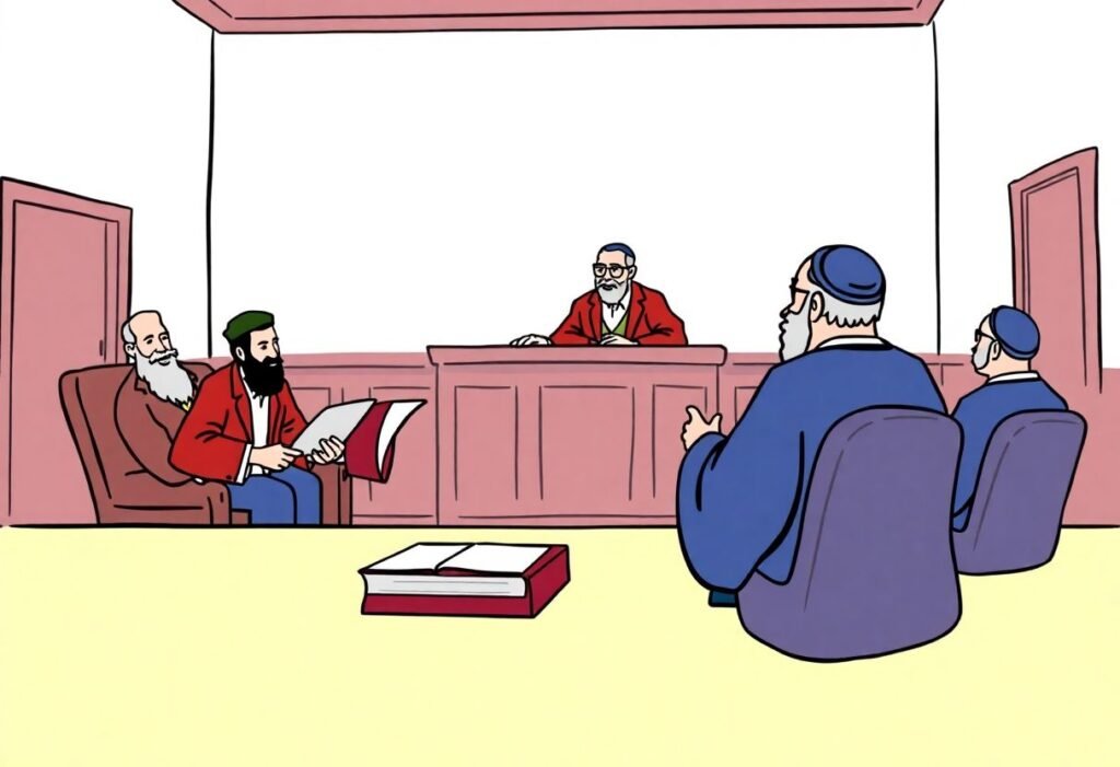 Rabbinical court session with professional representation
