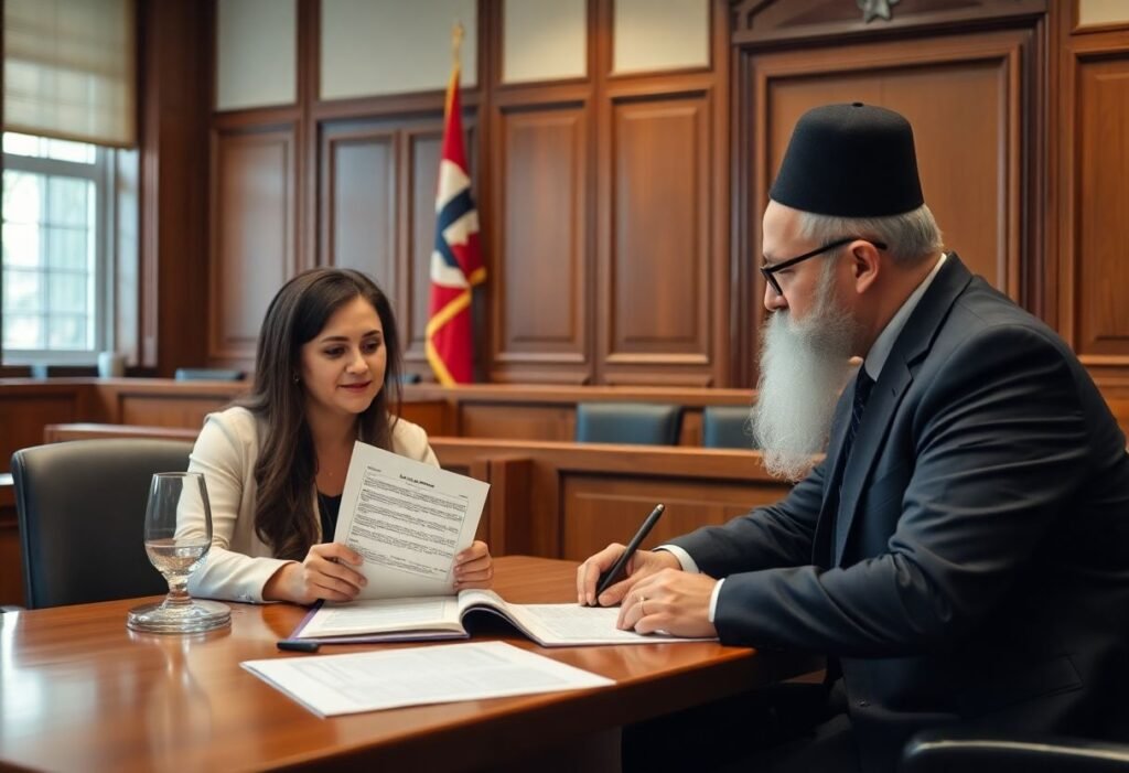 A Jewish couple consulting a rabbinical advocate about a Ketubah claim