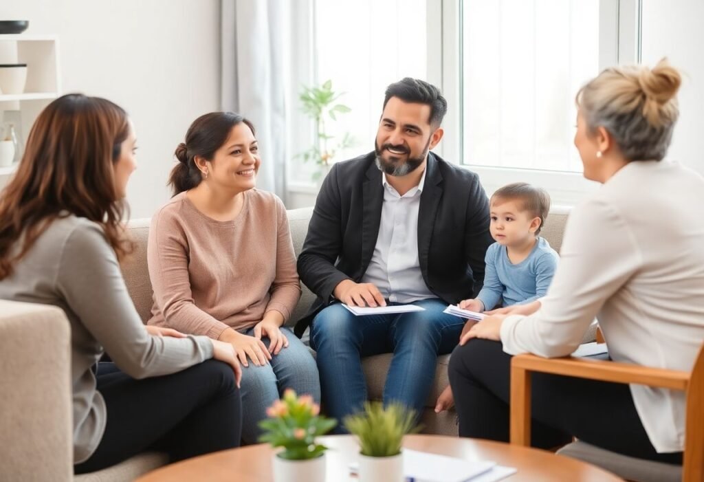 Family discussing custody and child support.
