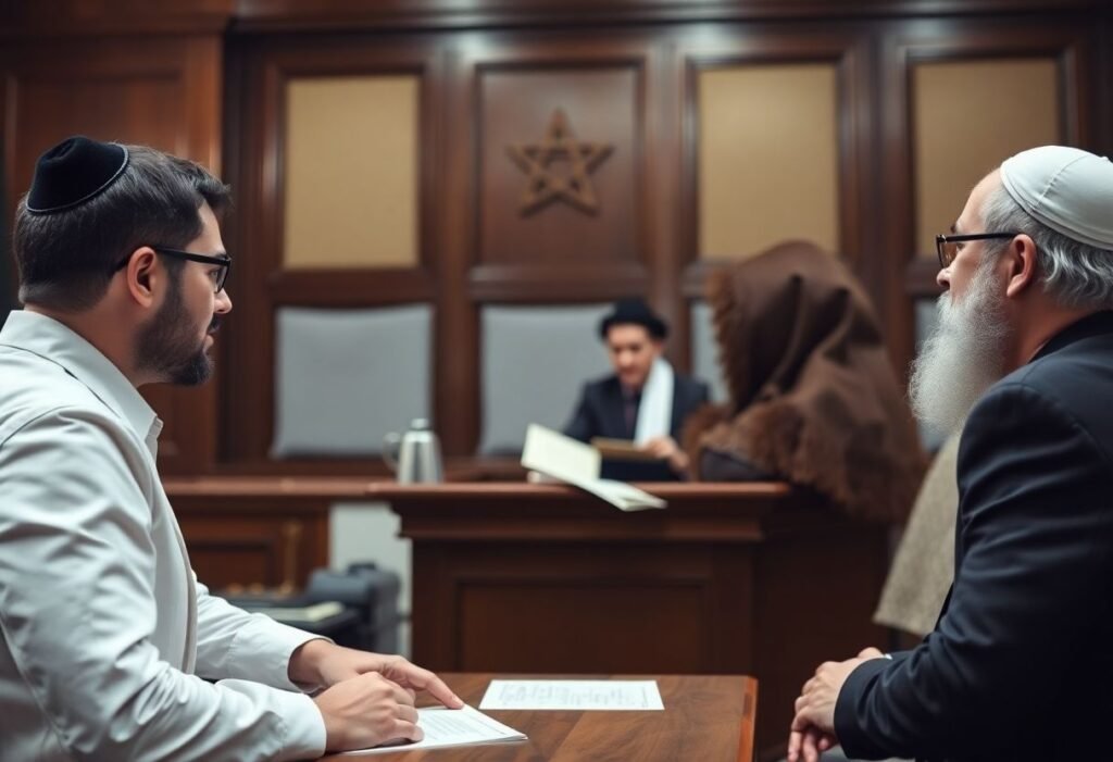Jewish divorce court ruling with couple and judge