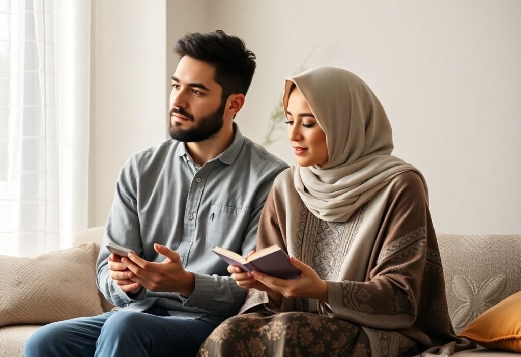 Couple discussing marital relations in a peaceful setting.
