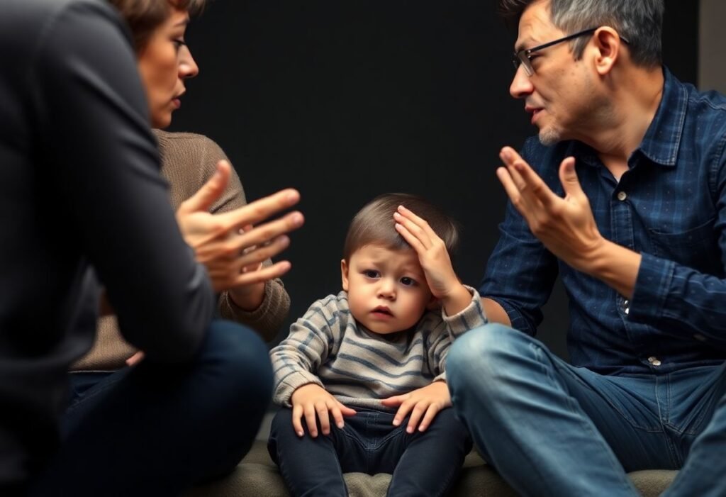 Child experiencing parental alienation between two arguing parents.