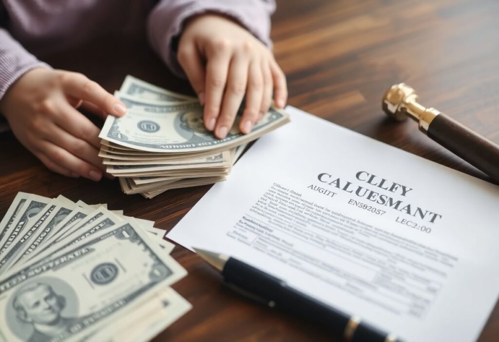 Illustration of child support with financial elements and legal aspects.