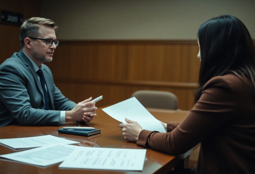 Lawyers discussing divorce implications in a courtroom setting