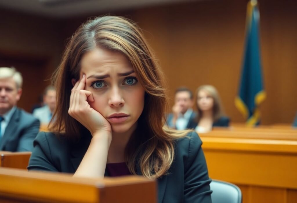 A courtroom scene depicting family law issues involving divorce and emotional conflict.