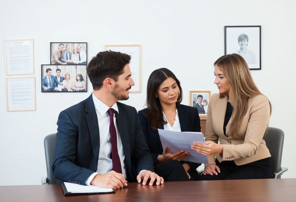 A divorce lawyer helping a couple through the divorce process with emotional support.