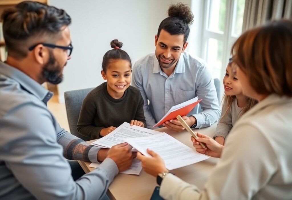A legal advisor consulting with a family about child support payments.