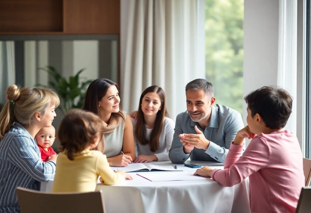 A professional family lawyer guiding parents through a divorce process with children involved.