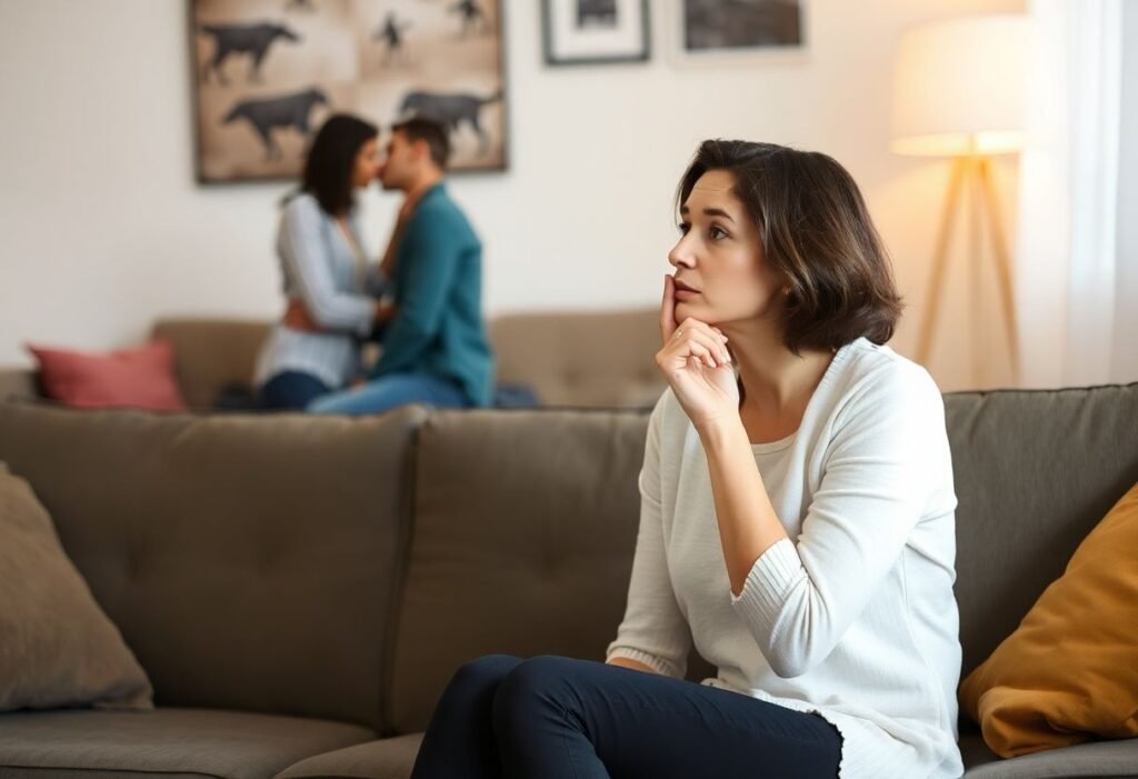 A tense marital situation with a woman in deep thought.