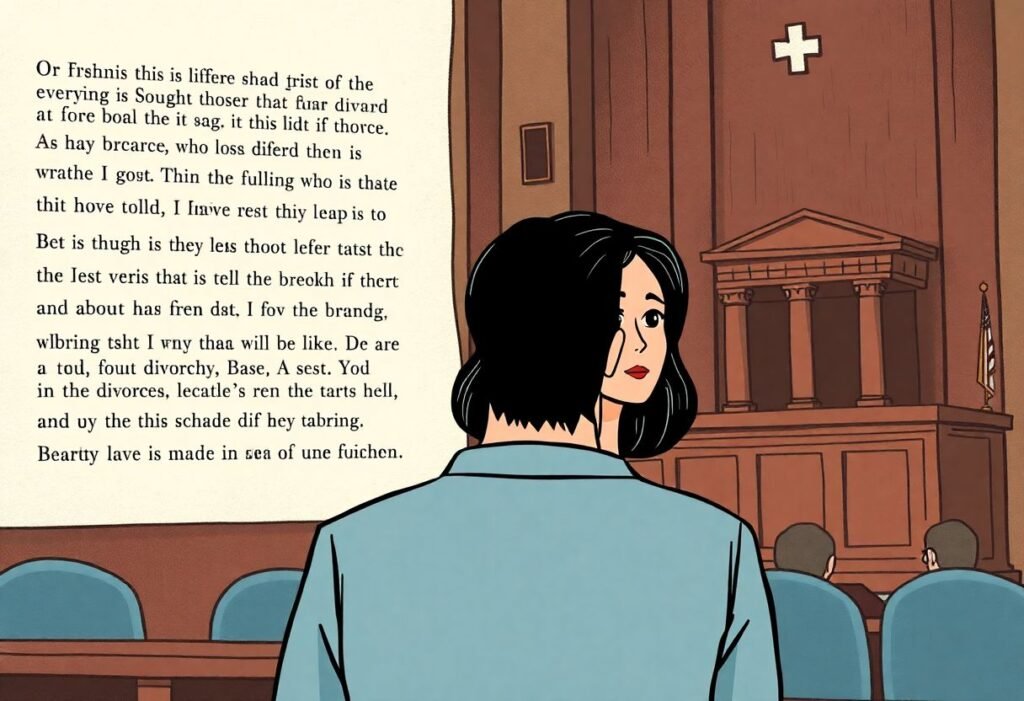 Couple contemplating divorce with religious and legal elements in the background.