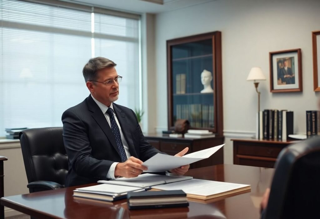 Lawyer discussing appeal documents in an office setting