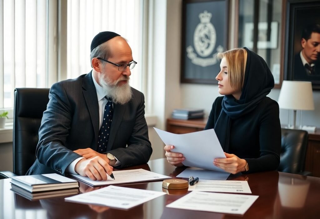 A Jewish couple consulting a rabbi about marriage disputes.