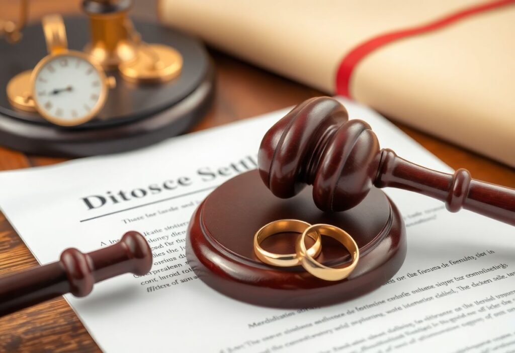 Legal divorce settlement document with gavel and wedding rings
