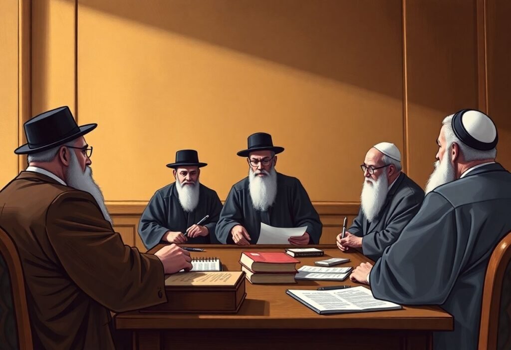 Rabbinical court session discussing family law matters.