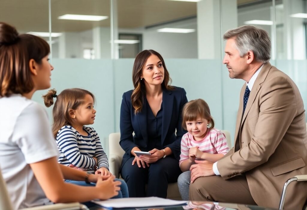 Woman consulting lawyer about divorce rights with children.